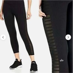 ALO Yoga Black Ankle Leggings with Sheer Striped Side Panels